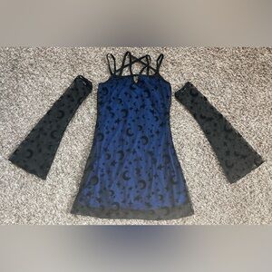 Dolls Kill The Graveyard Girls mini Dress W/ Sleeves Mesh Overlay Moon & Stars
